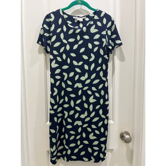 Diane Von Furstenberg Reina Silk Blue Green Leaf Print Boat Neck Mini Dress Sz 6 - Picture 1 of 7